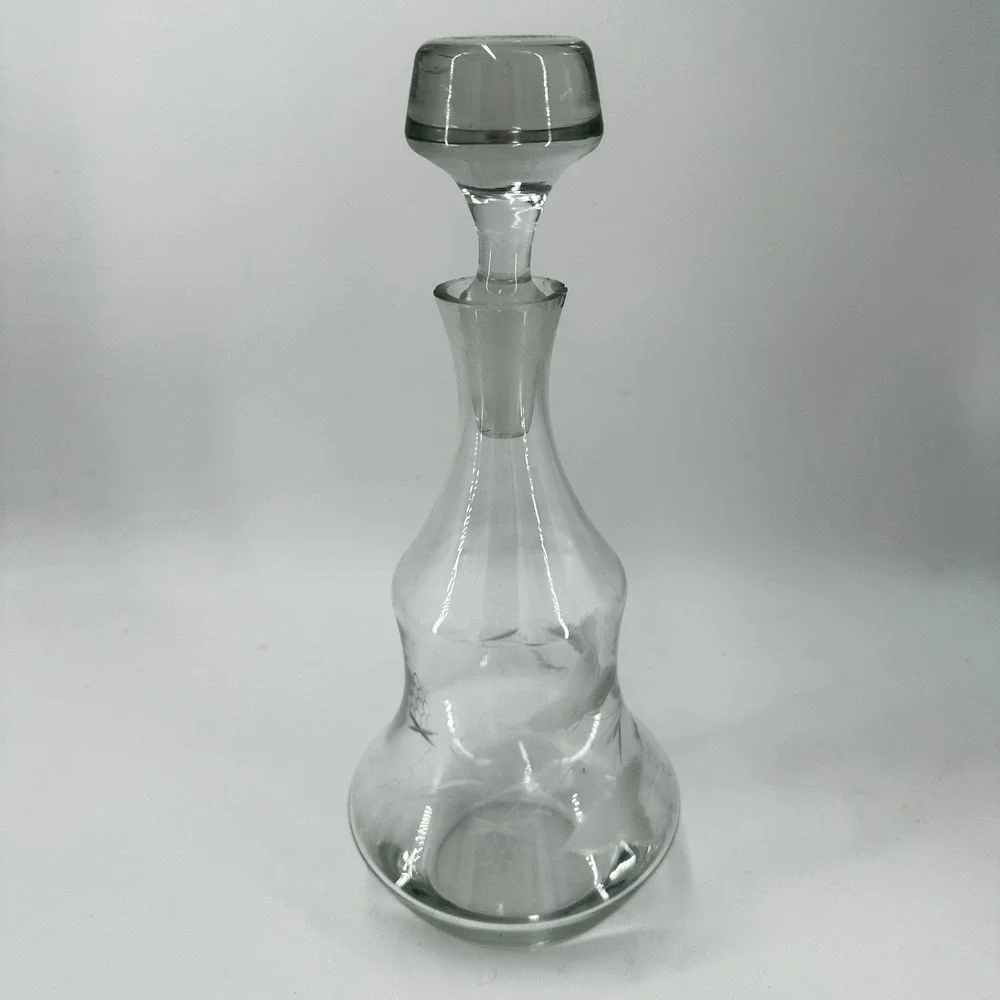 Vintage Etched Glass Decanter with Stopper Grapevine Leaf Pattern Clear 12.5